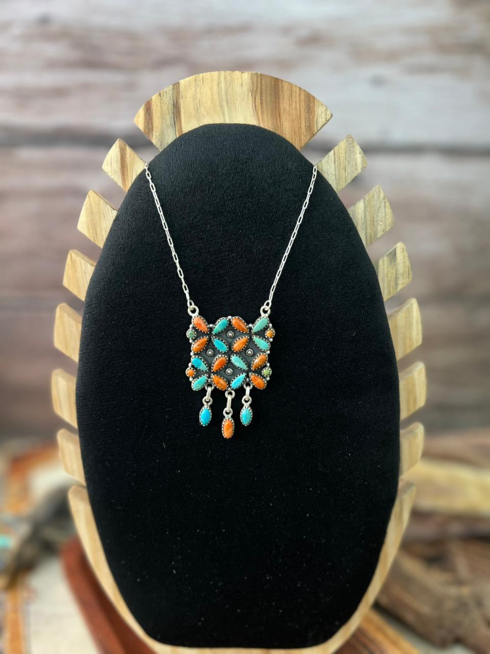 Handmade Sterling Silver Kingman Turquoise with Orange Mojave Necklace "Signed Nizhoni"