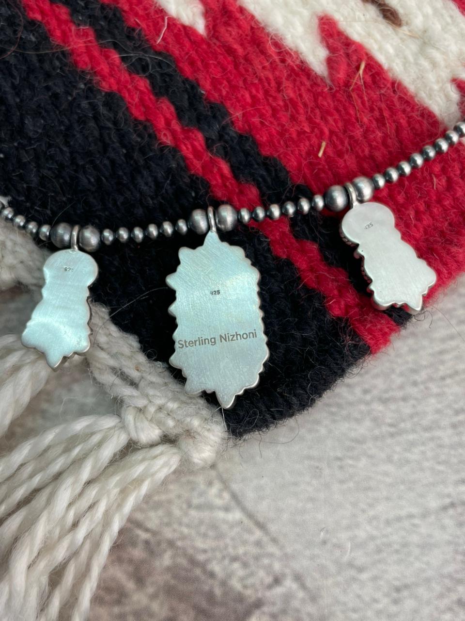 Handmade Sterling Silver Pink Opal with Kingman Turquoise Beaded Necklace "Signed Nizhoni"
