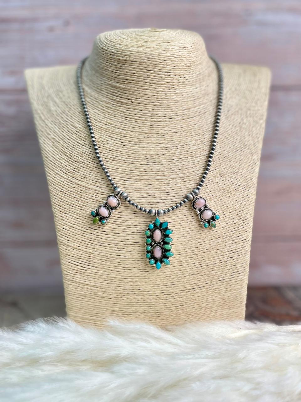 Handmade Sterling Silver Pink Opal with Kingman Turquoise Beaded Necklace "Signed Nizhoni"