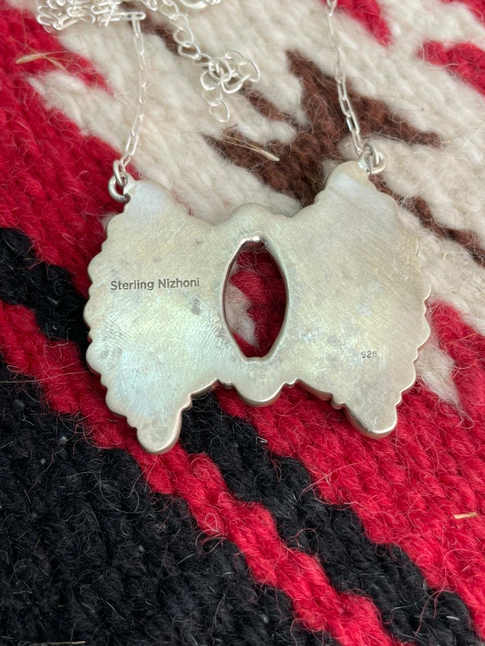 Handmade Sterling Silver Kingman Turquoise with White Buffalo Necklace "Signed Nizhoni"