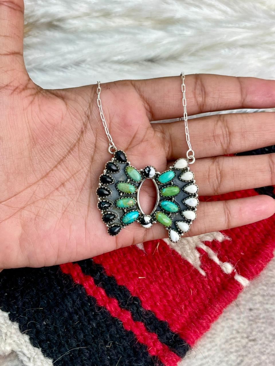 Handmade Sterling Silver Kingman Turquoise with White Buffalo Necklace "Signed Nizhoni"
