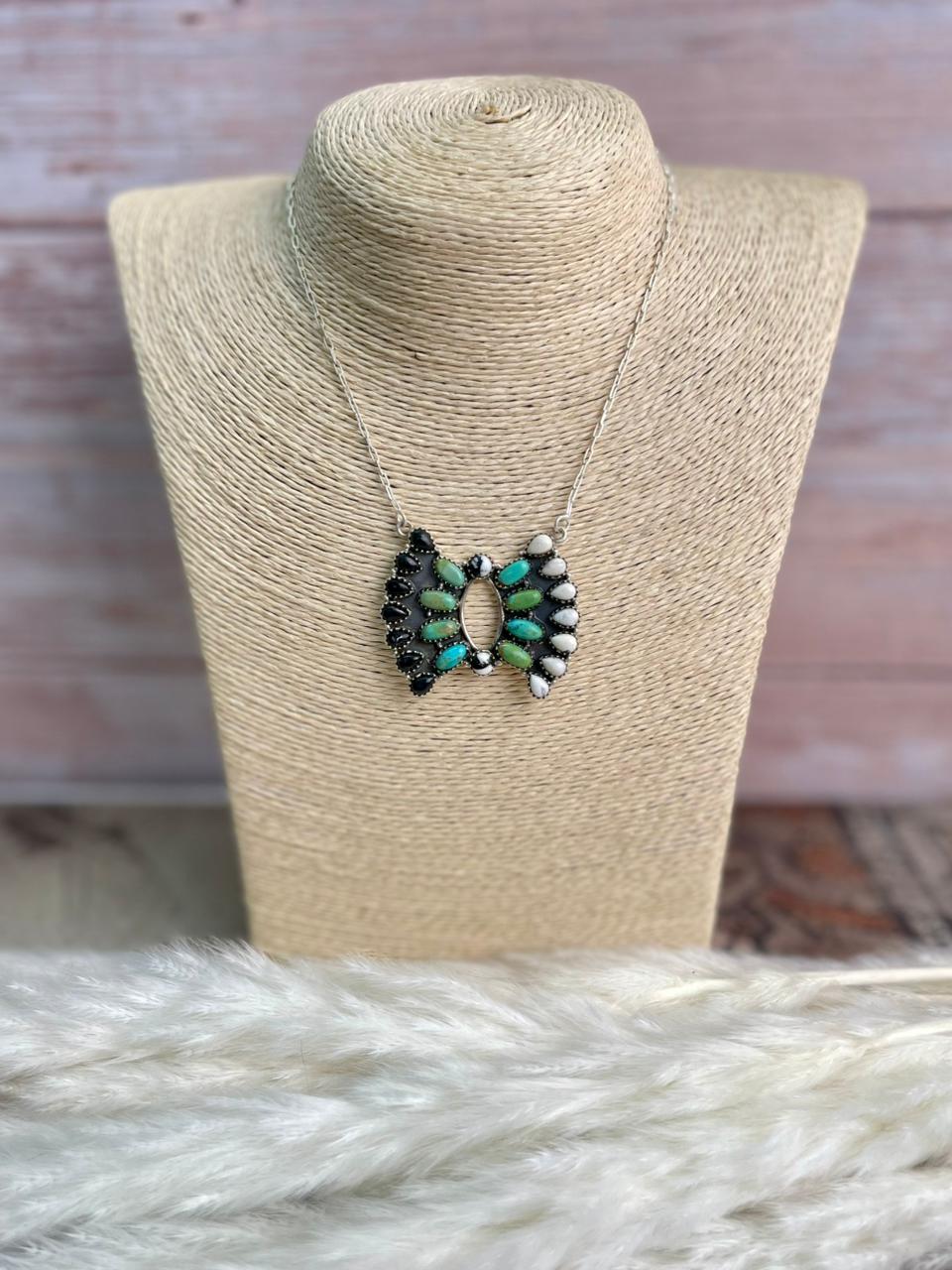 Handmade Sterling Silver Kingman Turquoise with White Buffalo Necklace "Signed Nizhoni"