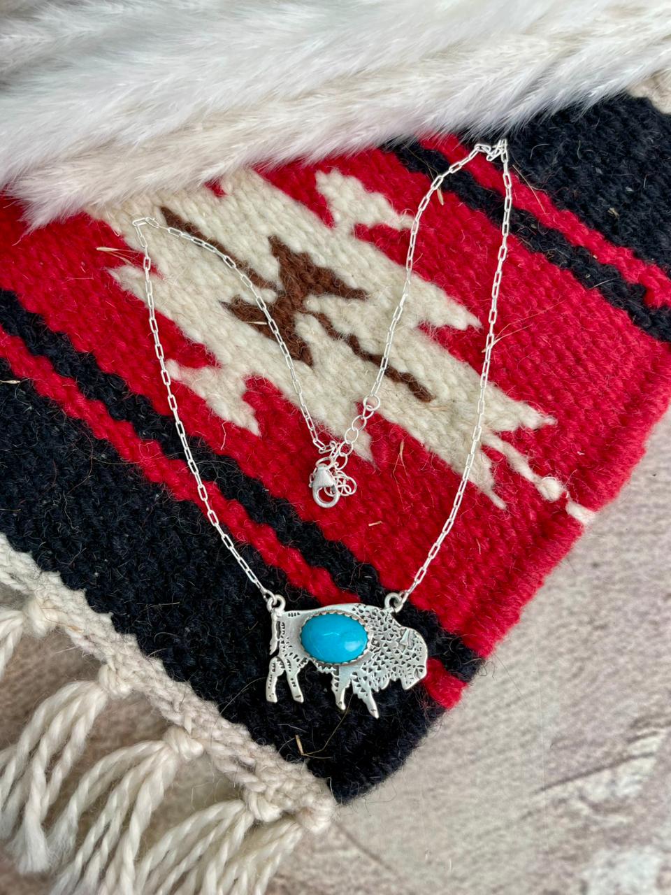 Handmade Sterling Silver Kingman Turquoise Bison Necklace "Signed Nizhoni"