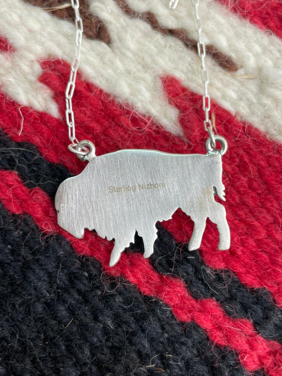 Handmade Sterling Silver Kingman Turquoise Bison Necklace "Signed Nizhoni"