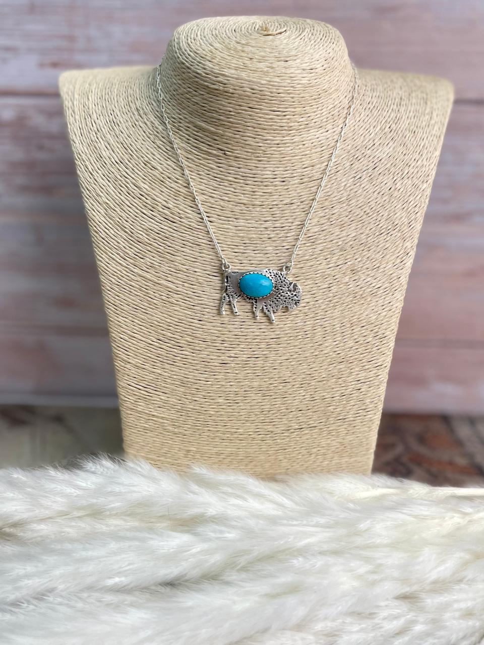 Handmade Sterling Silver Kingman Turquoise Bison Necklace "Signed Nizhoni"