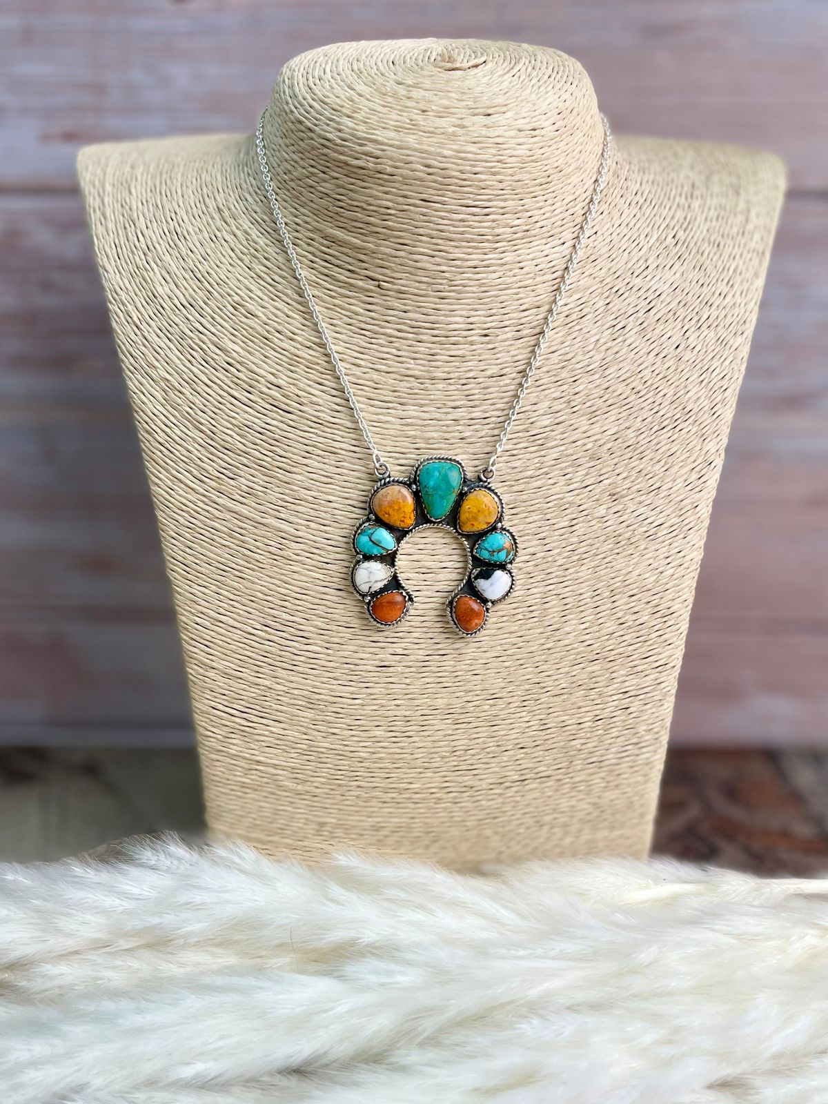 Handmade Sterling Silver Kingman Turquoise with Orange Mojave, White Buffalo, Mint Dahlia and Bumblebee Naja Necklace "Signed Nizhoni"