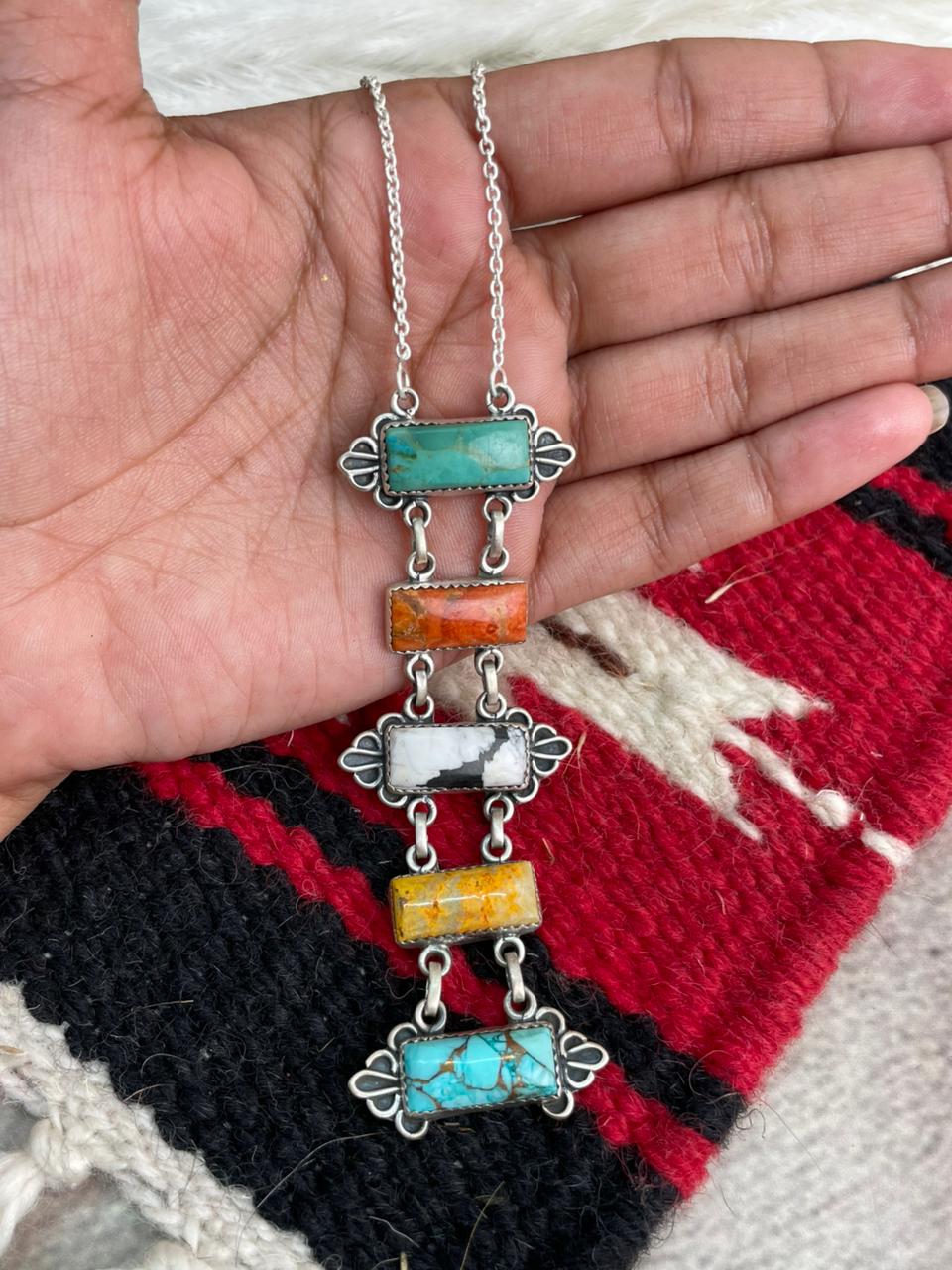 Handmade Sterling Silver Kingman Turquoise, Orange Mojave, White Buffalo, Mint Dahlia and Bumblebee Necklace "Signed Nizhoni"
