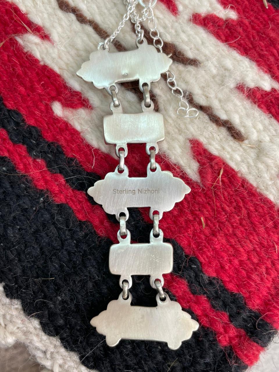 Handmade Sterling Silver Kingman Turquoise, Orange Mojave, White Buffalo, Mint Dahlia and Bumblebee Necklace "Signed Nizhoni"