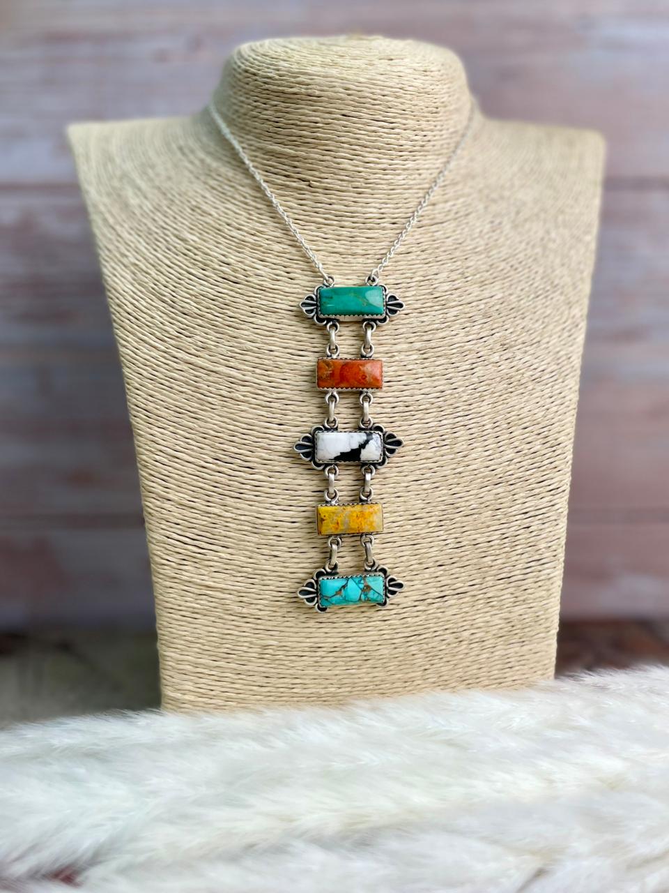 Handmade Sterling Silver Kingman Turquoise, Orange Mojave, White Buffalo, Mint Dahlia and Bumblebee Necklace "Signed Nizhoni"