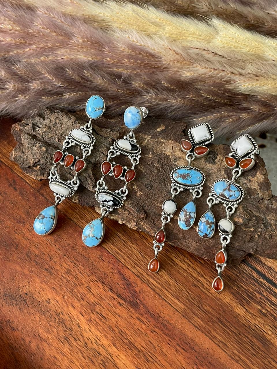 Handmade Sterling Silver Canyon Sunset Collection: Golden Hills Turquoise with White Buffalo and Carnelian Post Dangle Earrings "Signed Nizhoni"
