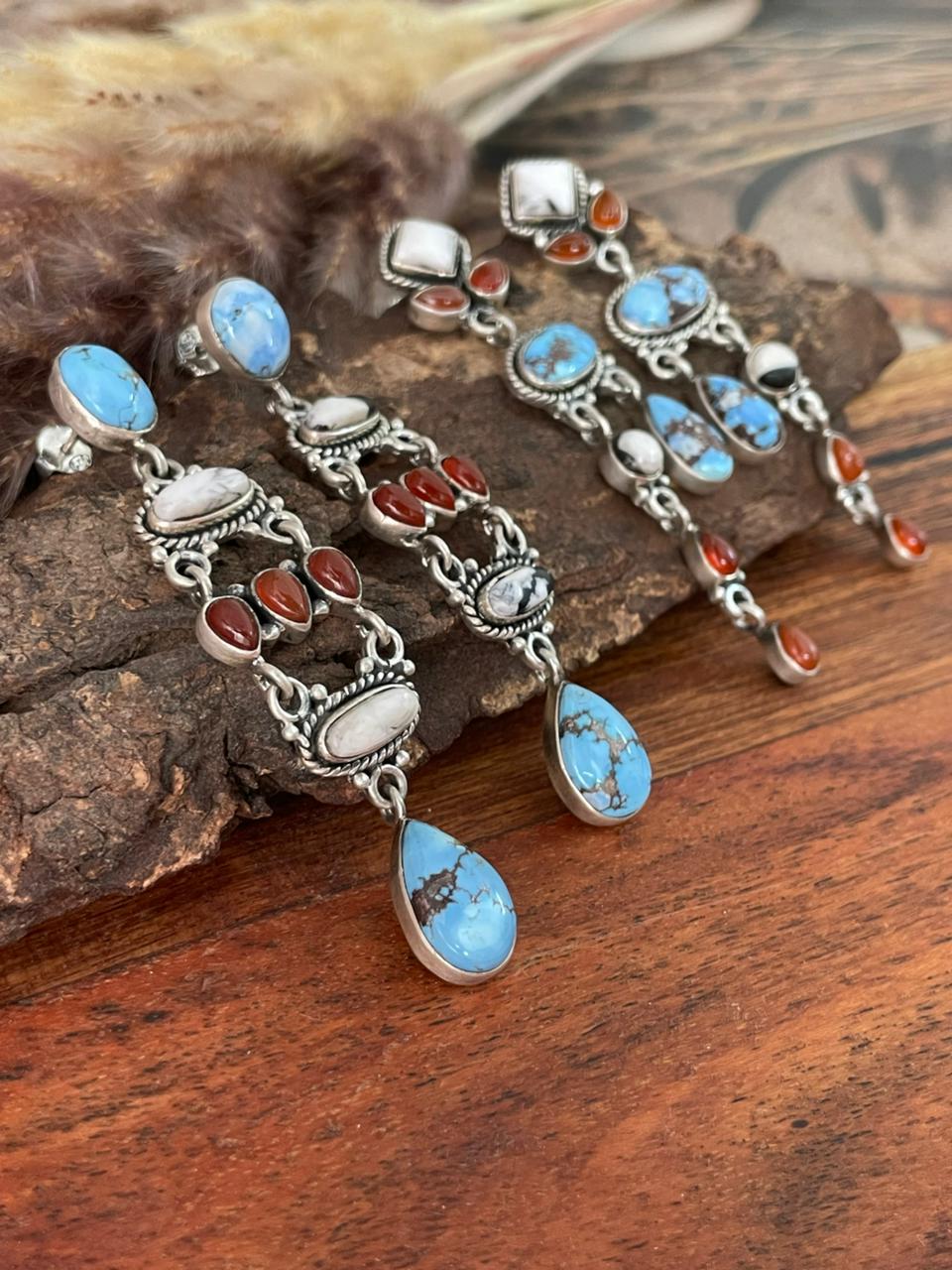 Handmade Sterling Silver Canyon Sunset Collection: Golden Hills Turquoise with White Buffalo and Carnelian Post Dangle Earrings "Signed Nizhoni"