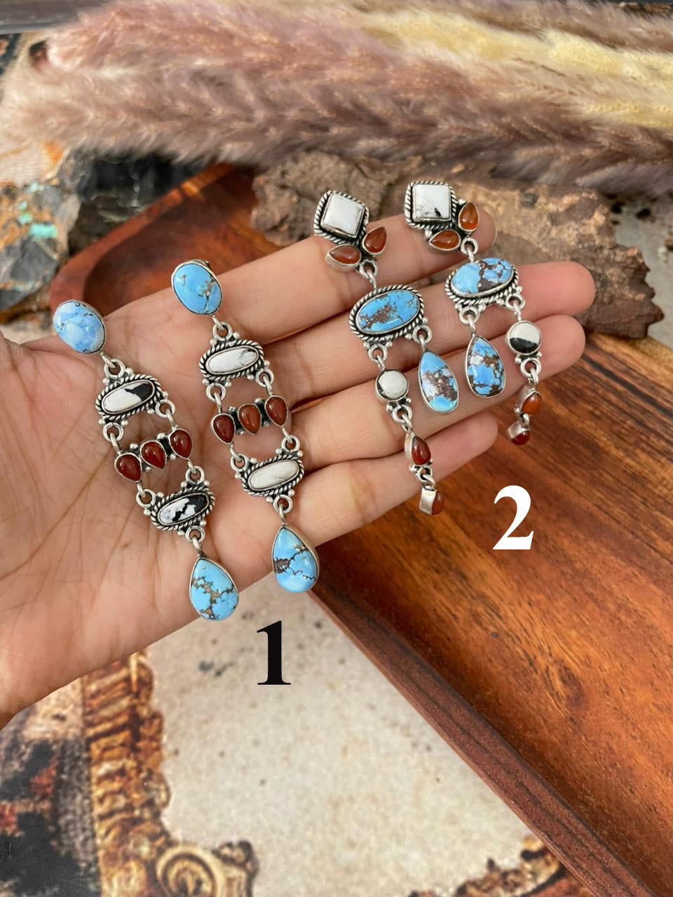 Handmade Sterling Silver Canyon Sunset Collection: Golden Hills Turquoise with White Buffalo and Carnelian Post Dangle Earrings "Signed Nizhoni"