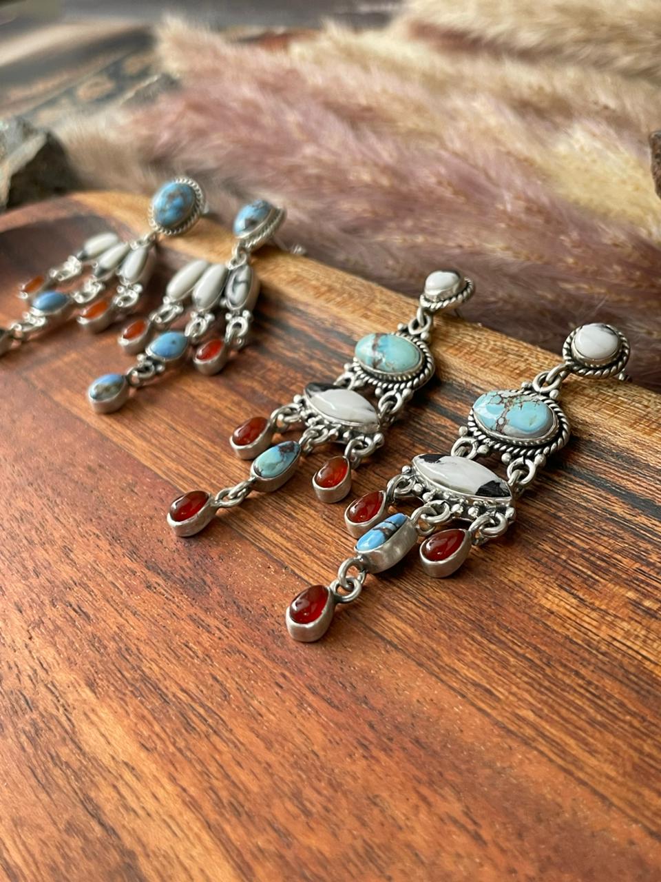 Handmade Sterling Silver Canyon Sunset Collection: Golden Hills Turquoise with White Buffalo and Carnelian Post Dangle Earrings "Signed Nizhoni"
