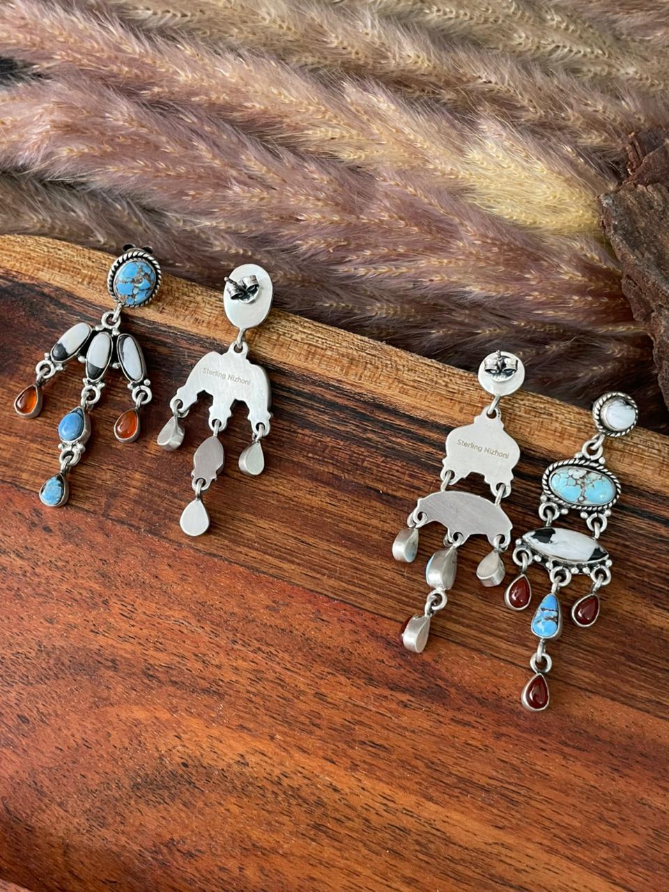 Handmade Sterling Silver Canyon Sunset Collection: Golden Hills Turquoise with White Buffalo and Carnelian Post Dangle Earrings "Signed Nizhoni"