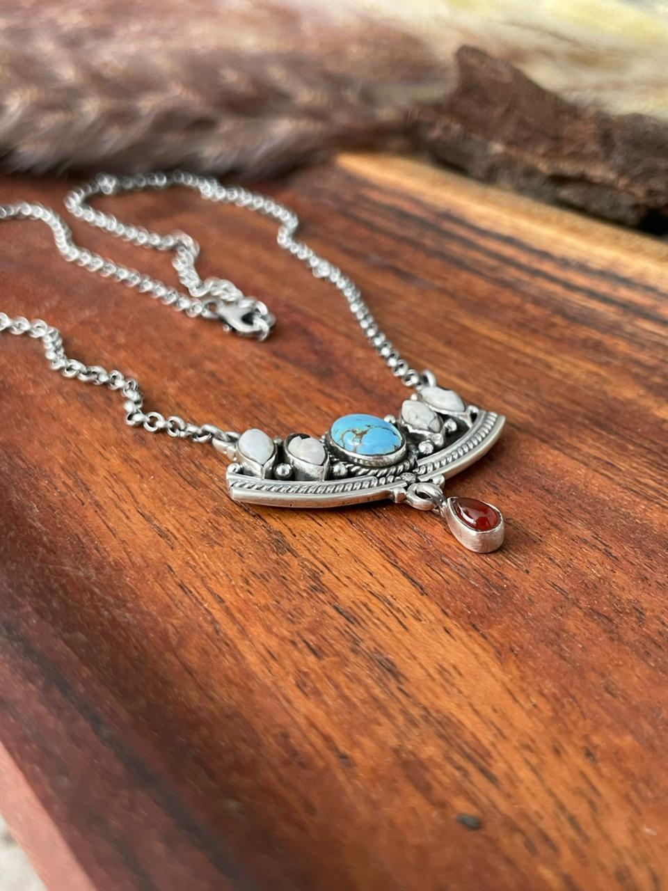 Handmade Sterling Silver Canyon Sunset Collection: Golden Hills Turquoise with White Buffalo and Carnelian Necklace "Signed Nizhoni" (7)