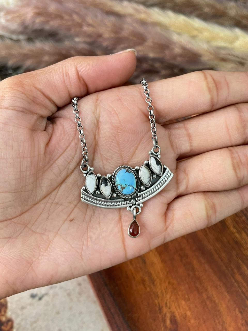 Handmade Sterling Silver Canyon Sunset Collection: Golden Hills Turquoise with White Buffalo and Carnelian Necklace "Signed Nizhoni" (7)