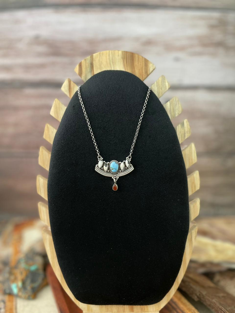 Handmade Sterling Silver Canyon Sunset Collection: Golden Hills Turquoise with White Buffalo and Carnelian Necklace "Signed Nizhoni" (7)