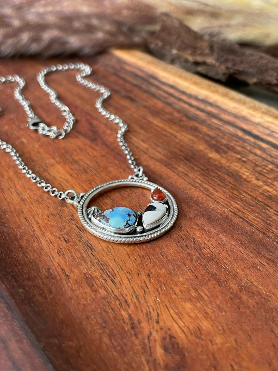 Handmade Sterling Silver Canyon Sunset Collection: Golden Hills Turquoise with White Buffalo and Carnelian Necklace "Signed Nizhoni" (9)