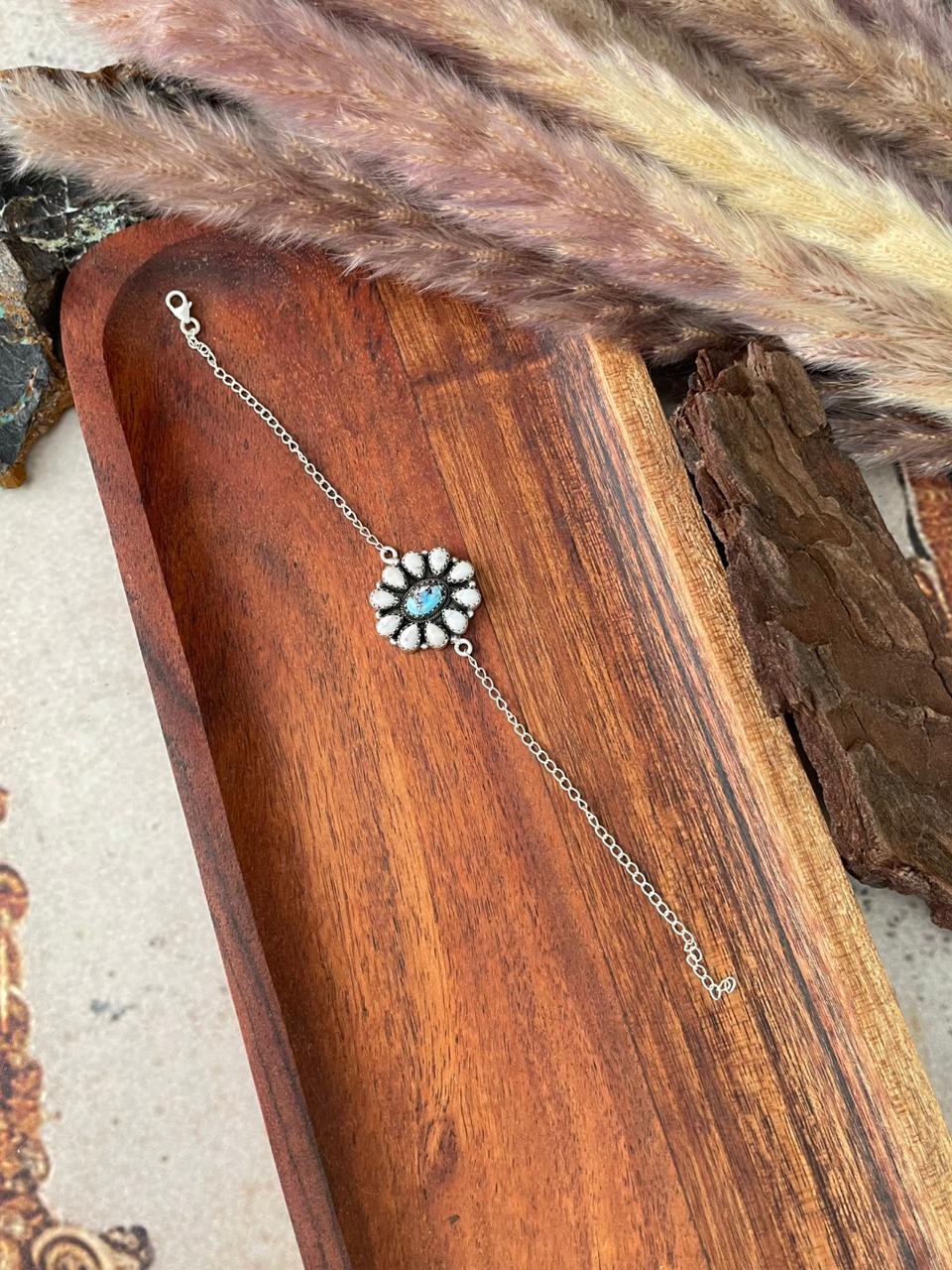 Handmade Sterling Silver Canyon Sunset Collection: Golden Hills Turquoise with White Buffalo Bracelet "Signed Nizhoni"