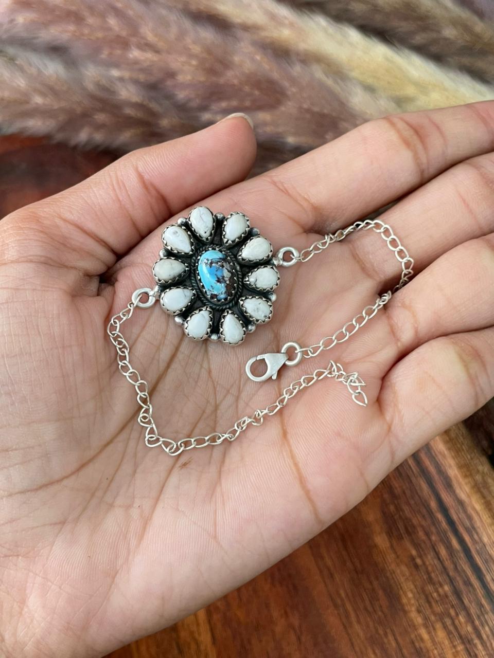 Handmade Sterling Silver Canyon Sunset Collection: Golden Hills Turquoise with White Buffalo Bracelet "Signed Nizhoni"