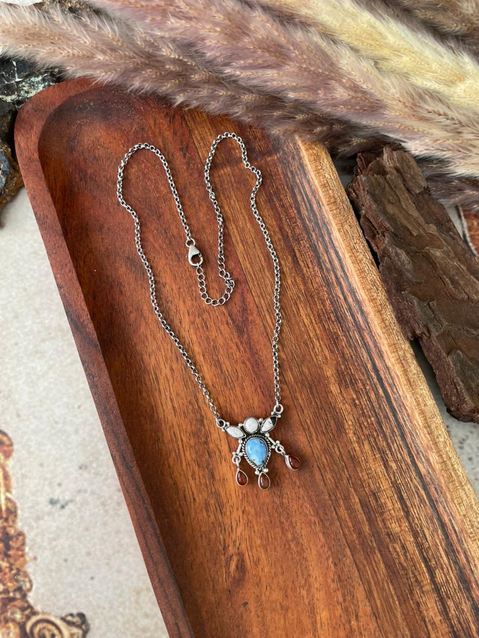 Handmade Sterling Silver Canyon Sunset Collection: Golden Hills Turquoise with White Buffalo and Carnelian Necklace "Signed Nizhoni" (6)