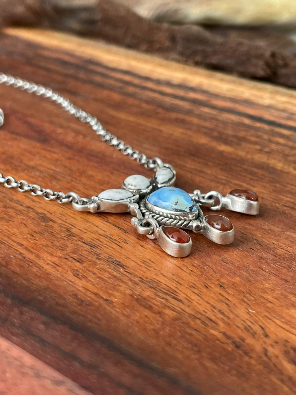 Handmade Sterling Silver Canyon Sunset Collection: Golden Hills Turquoise with White Buffalo and Carnelian Necklace "Signed Nizhoni" (6)