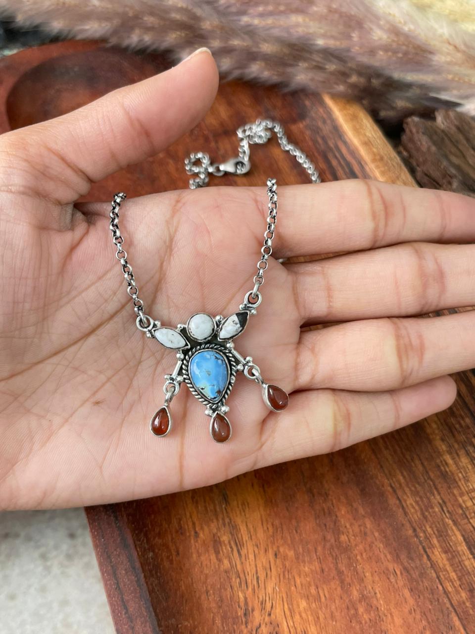 Handmade Sterling Silver Canyon Sunset Collection: Golden Hills Turquoise with White Buffalo and Carnelian Necklace "Signed Nizhoni" (6)