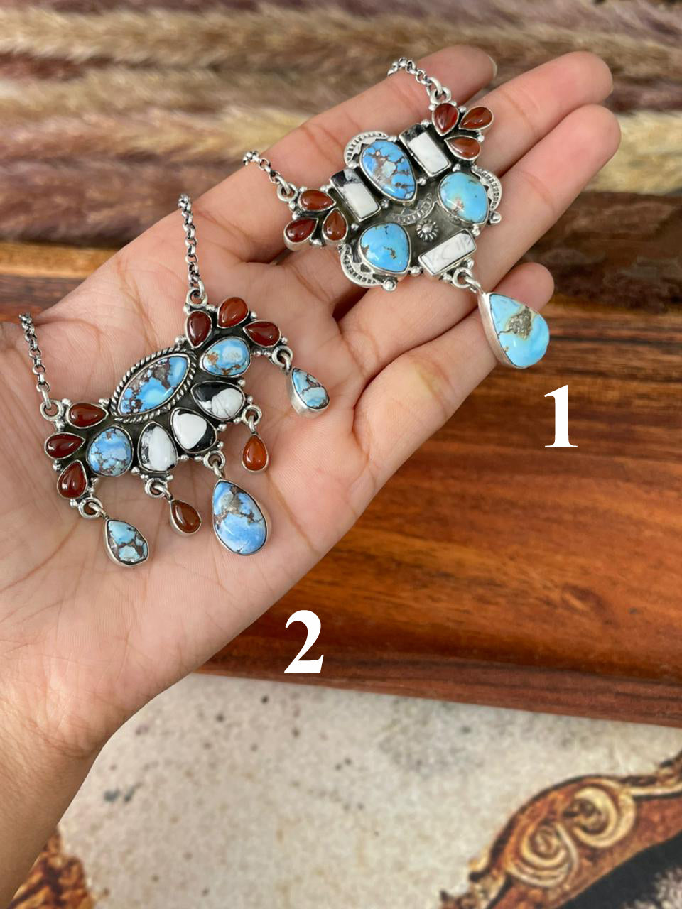Handmade Sterling Silver Canyon Sunset Collection: Golden Hills Turquoise with White Buffalo and Carnelian Necklace "Signed Nizhoni"