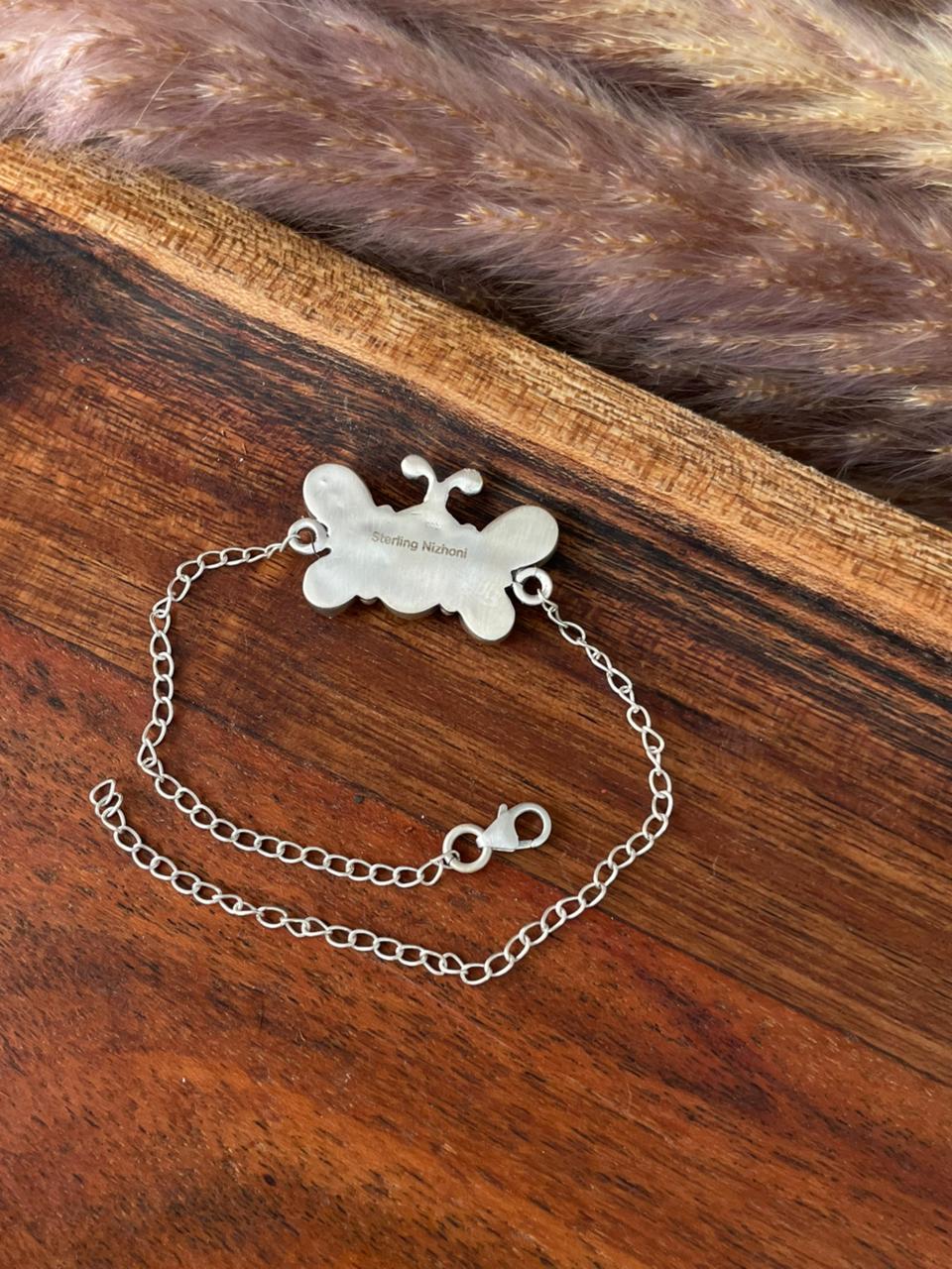 Handmade Sterling Silver Canyon Sunset Collection: Golden Hills Turquoise with White Buffalo Butterfly Bracelet "Signed Nizhoni"
