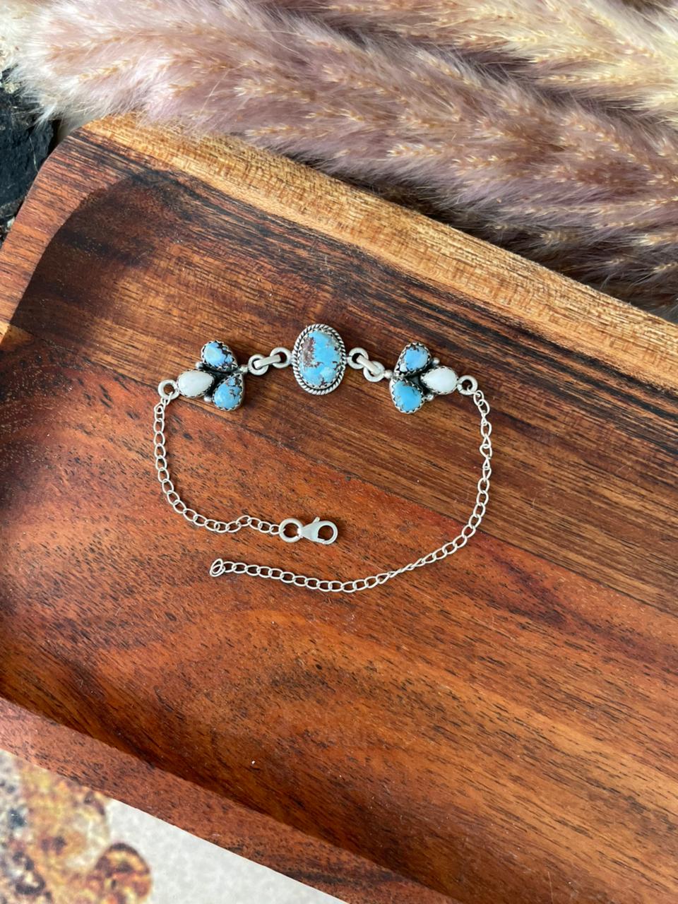 Handmade Sterling Silver Canyon Sunset Collection: Golden Hills Turquoise with White Buffalo Bracelet "Signed Nizhoni"