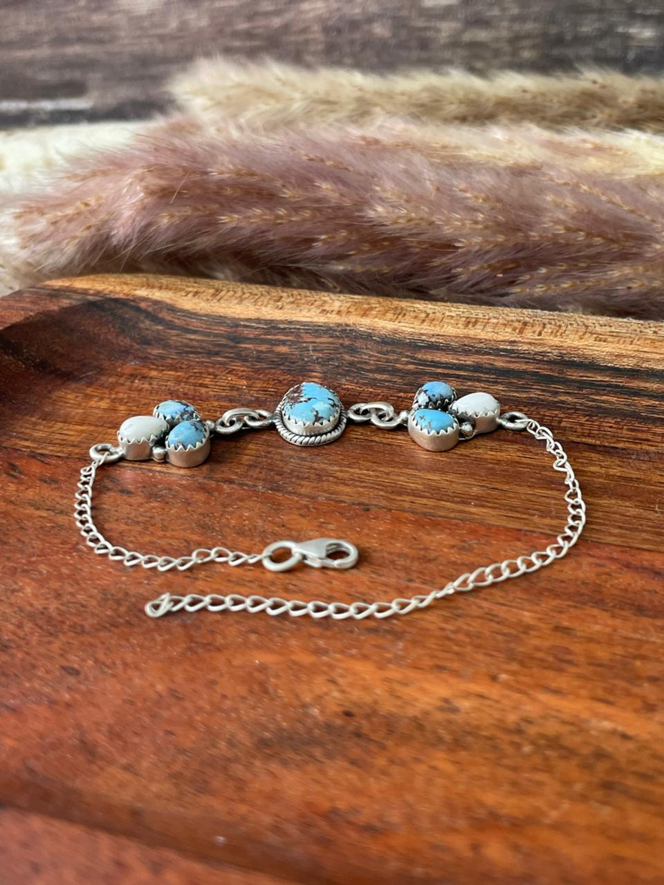 Handmade Sterling Silver Canyon Sunset Collection: Golden Hills Turquoise with White Buffalo Bracelet "Signed Nizhoni"