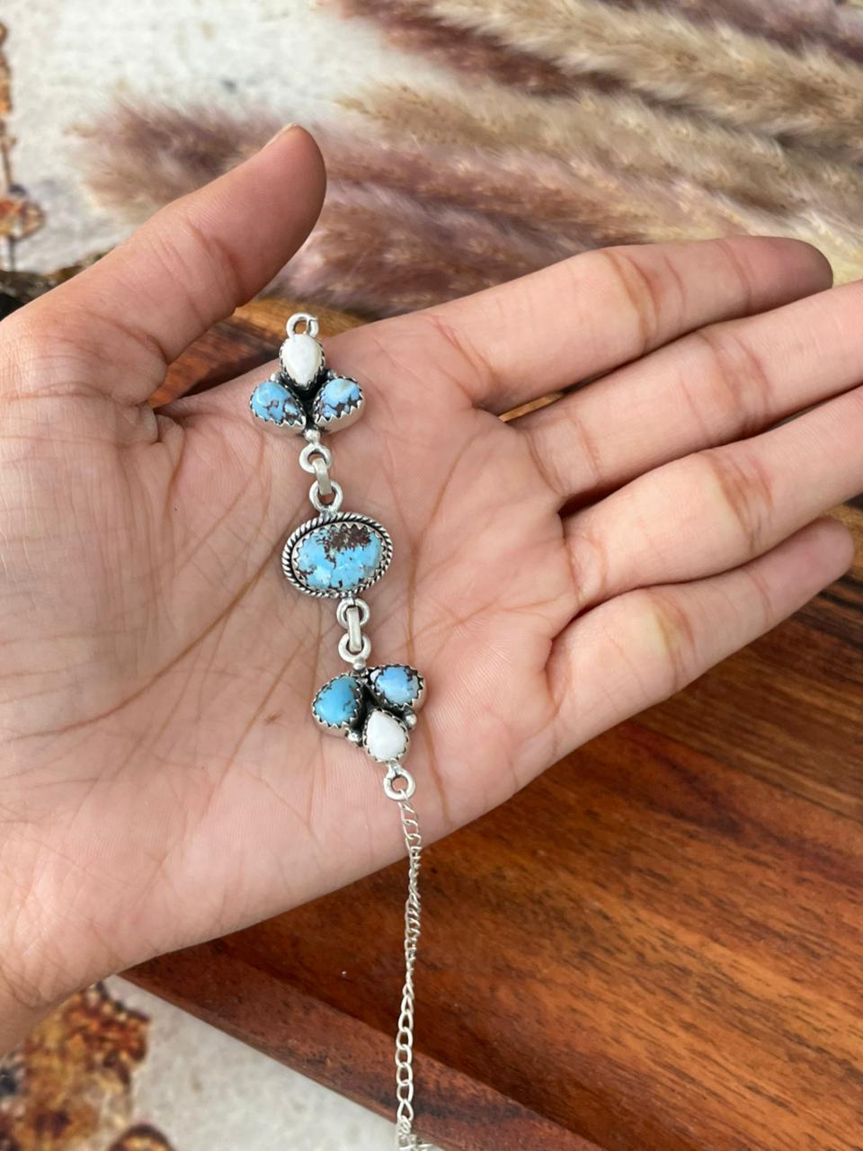 Handmade Sterling Silver Canyon Sunset Collection: Golden Hills Turquoise with White Buffalo Bracelet "Signed Nizhoni"