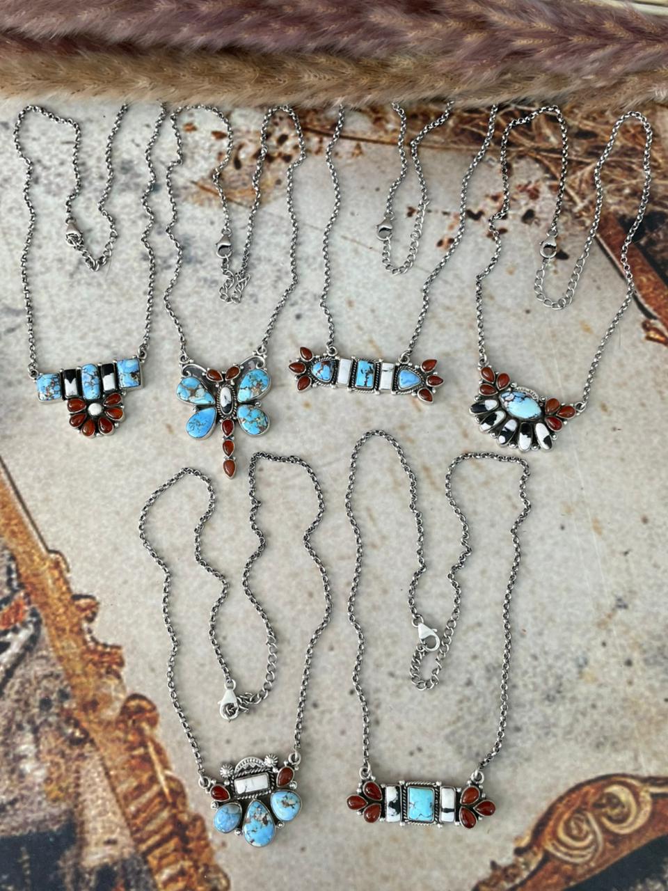 Handmade Sterling Silver Canyon Sunset Collection: Golden Hills Turquoise with White Buffalo and Carnelian Necklace "Signed Nizhoni"