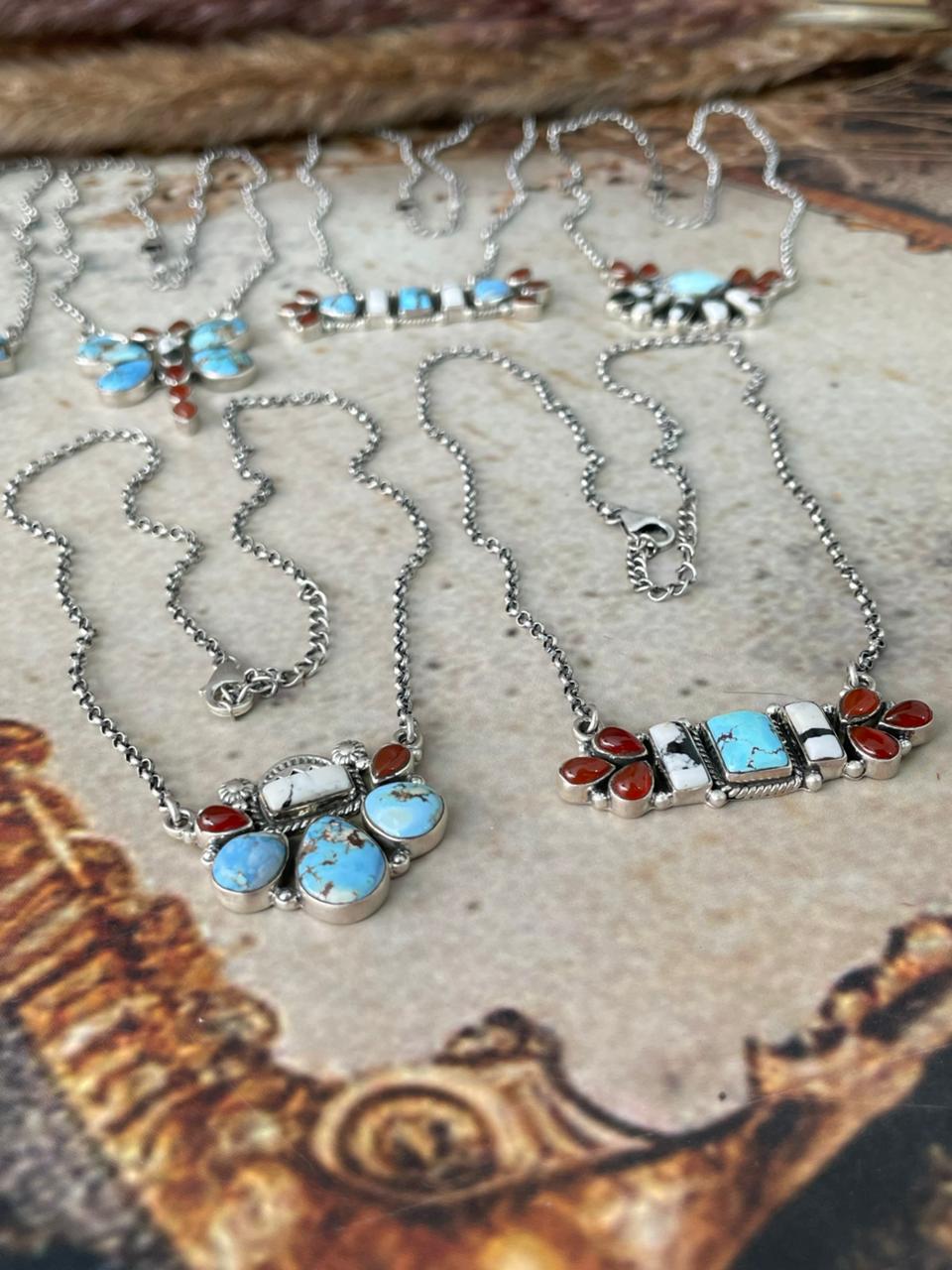 Handmade Sterling Silver Canyon Sunset Collection: Golden Hills Turquoise with White Buffalo and Carnelian Necklace "Signed Nizhoni"