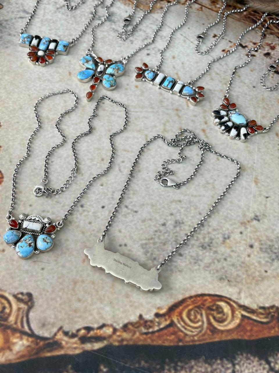 Handmade Sterling Silver Canyon Sunset Collection: Golden Hills Turquoise with White Buffalo and Carnelian Necklace "Signed Nizhoni"