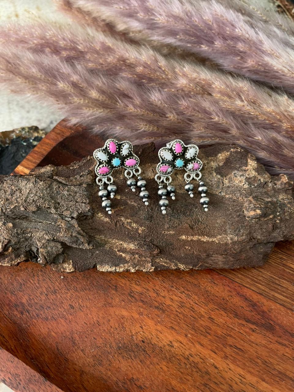 Handmade Sterling Silver Cotton Candy Post Dangle Beaded Earrings "Signed Nizhoni"