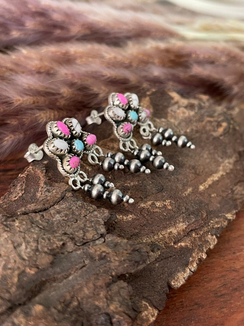 Handmade Sterling Silver Cotton Candy Post Dangle Beaded Earrings "Signed Nizhoni"