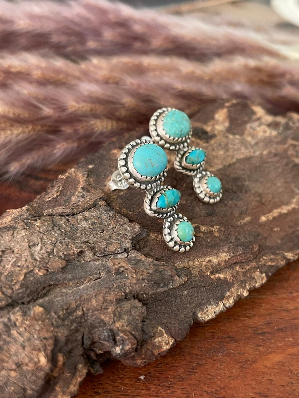 Handmade Sterling Silver Kingman Turquoise Post Earrings "Signed Nizhoni"