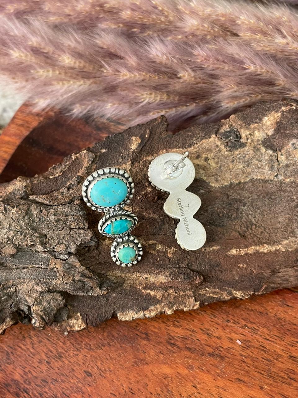 Handmade Sterling Silver Kingman Turquoise Post Earrings "Signed Nizhoni"