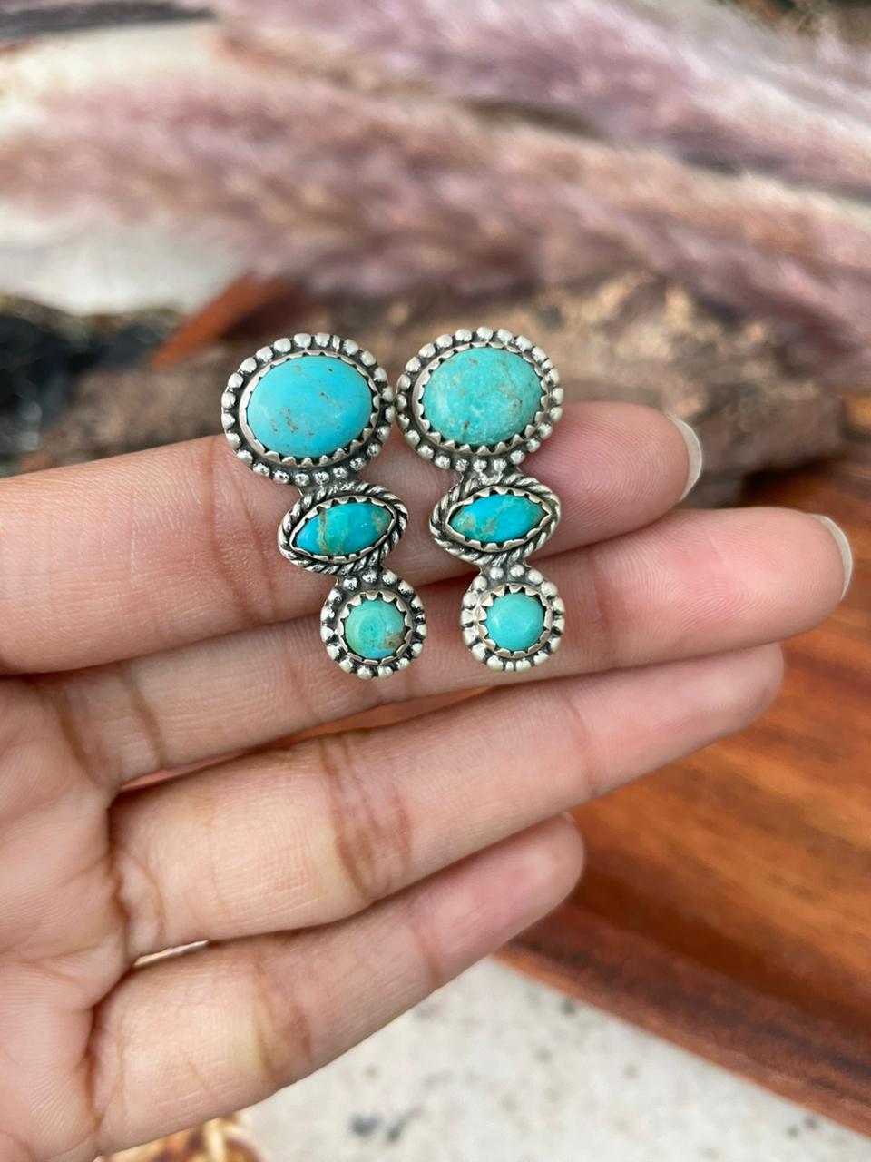 Handmade Sterling Silver Kingman Turquoise Post Earrings "Signed Nizhoni"