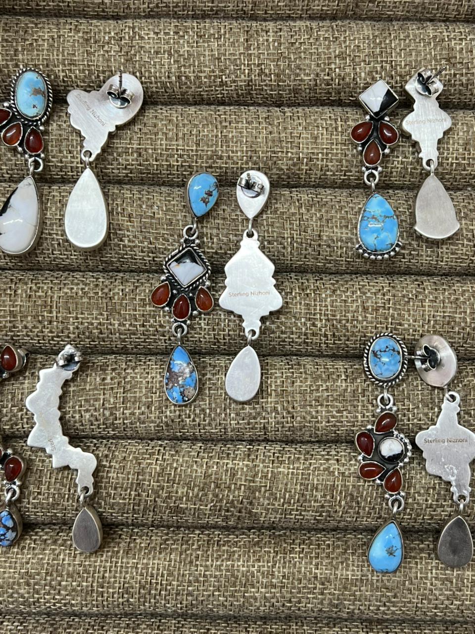 Handmade Sterling Silver Canyon Sunset Collection: Golden Hills Turquoise with White Buffalo and Carnelian Post Dangle Earrings "Signed Nizhoni"
