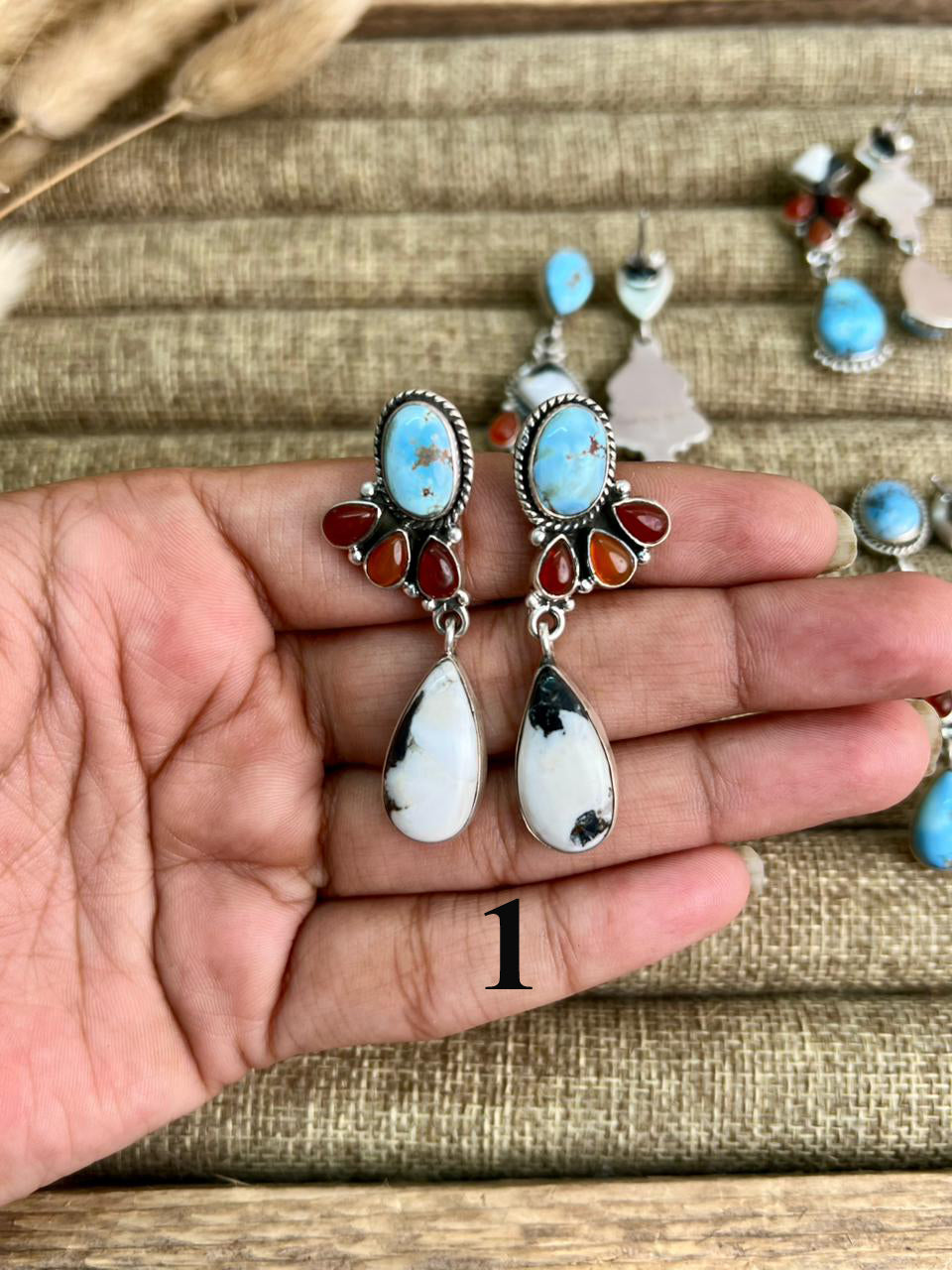 Handmade Sterling Silver Canyon Sunset Collection: Golden Hills Turquoise with White Buffalo and Carnelian Post Dangle Earrings "Signed Nizhoni"