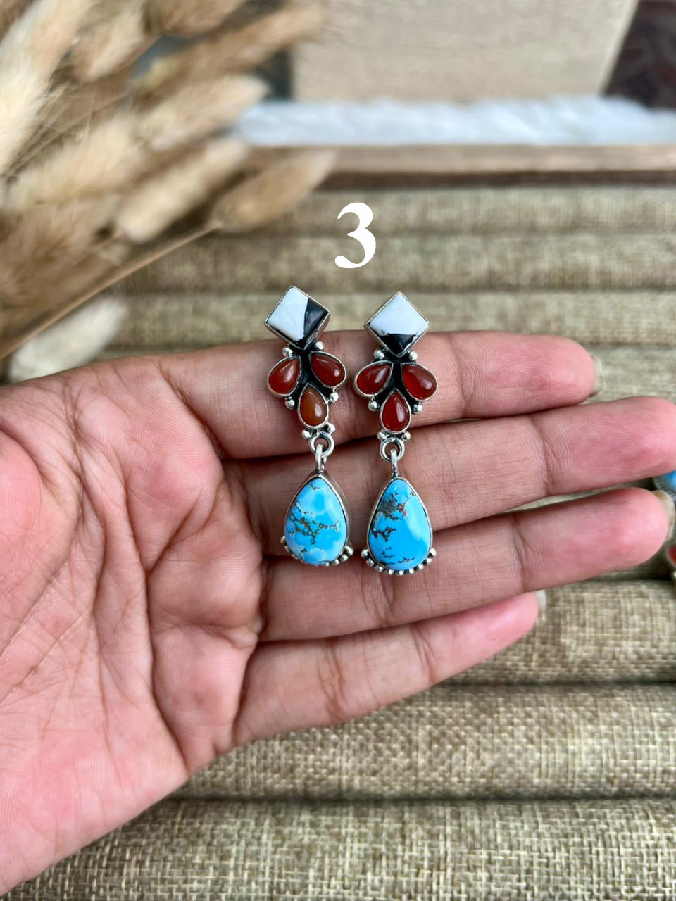 Handmade Sterling Silver Canyon Sunset Collection: Golden Hills Turquoise with White Buffalo and Carnelian Post Dangle Earrings "Signed Nizhoni"