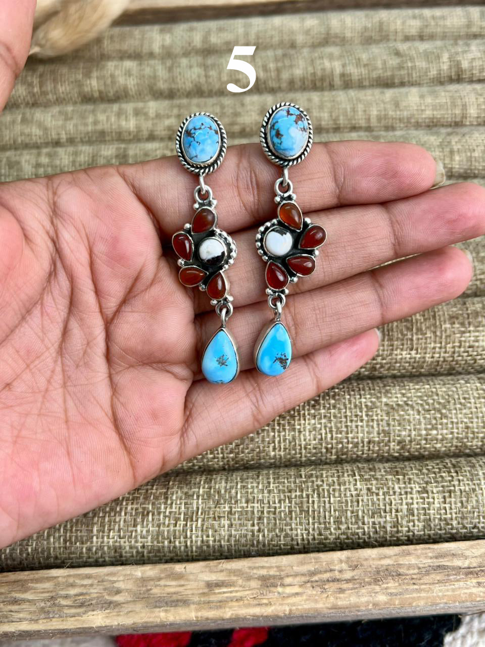 Handmade Sterling Silver Canyon Sunset Collection: Golden Hills Turquoise with White Buffalo and Carnelian Post Dangle Earrings "Signed Nizhoni"