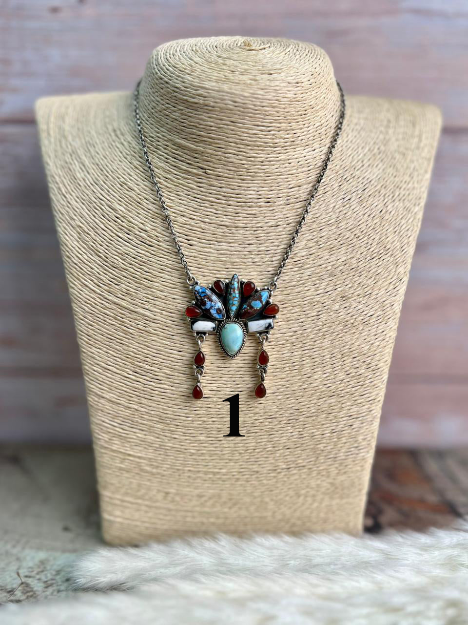 Handmade Sterling Silver Canyon Sunset Collection: Golden Hills Turquoise with White Buffalo and Carnelian Necklace "Signed Nizhoni"