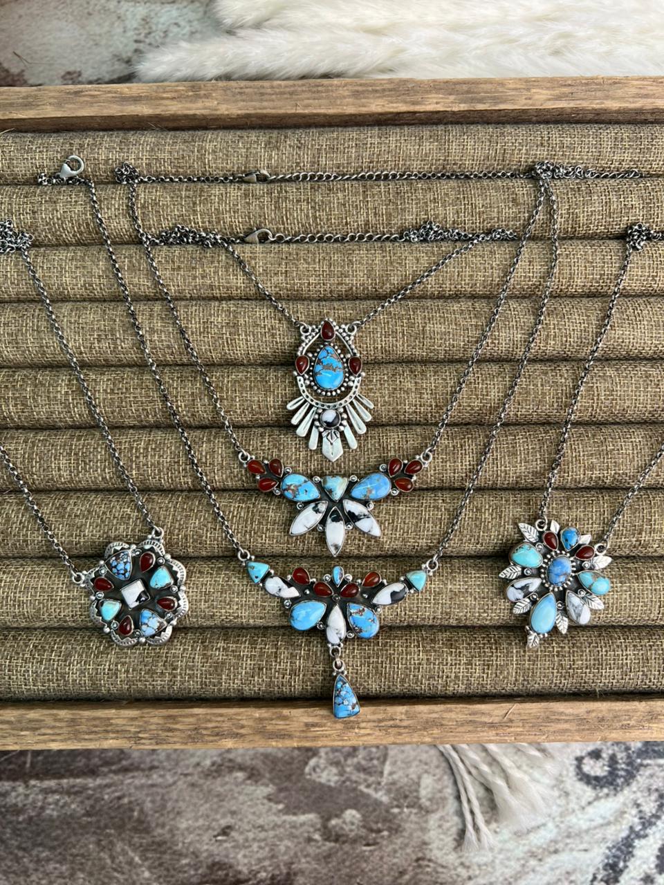 Handmade Sterling Silver Canyon Sunset Collection: Golden Hills Turquoise with White Buffalo and Carnelian Necklace "Signed Nizhoni"
