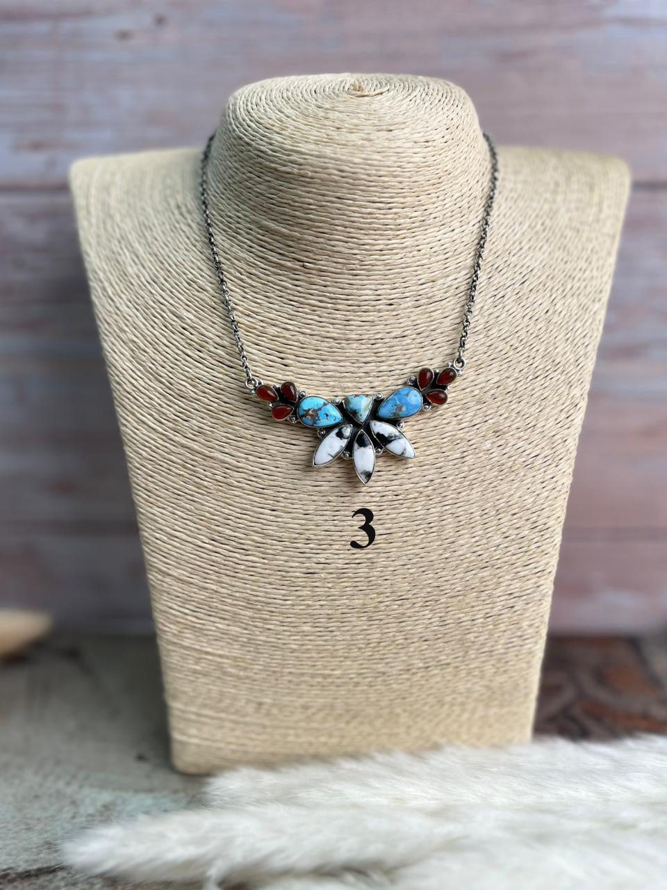 Handmade Sterling Silver Canyon Sunset Collection: Golden Hills Turquoise with White Buffalo and Carnelian Necklace "Signed Nizhoni"