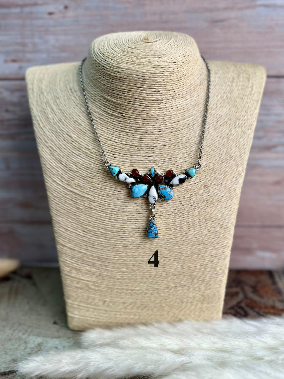 Handmade Sterling Silver Canyon Sunset Collection: Golden Hills Turquoise with White Buffalo and Carnelian Necklace "Signed Nizhoni"