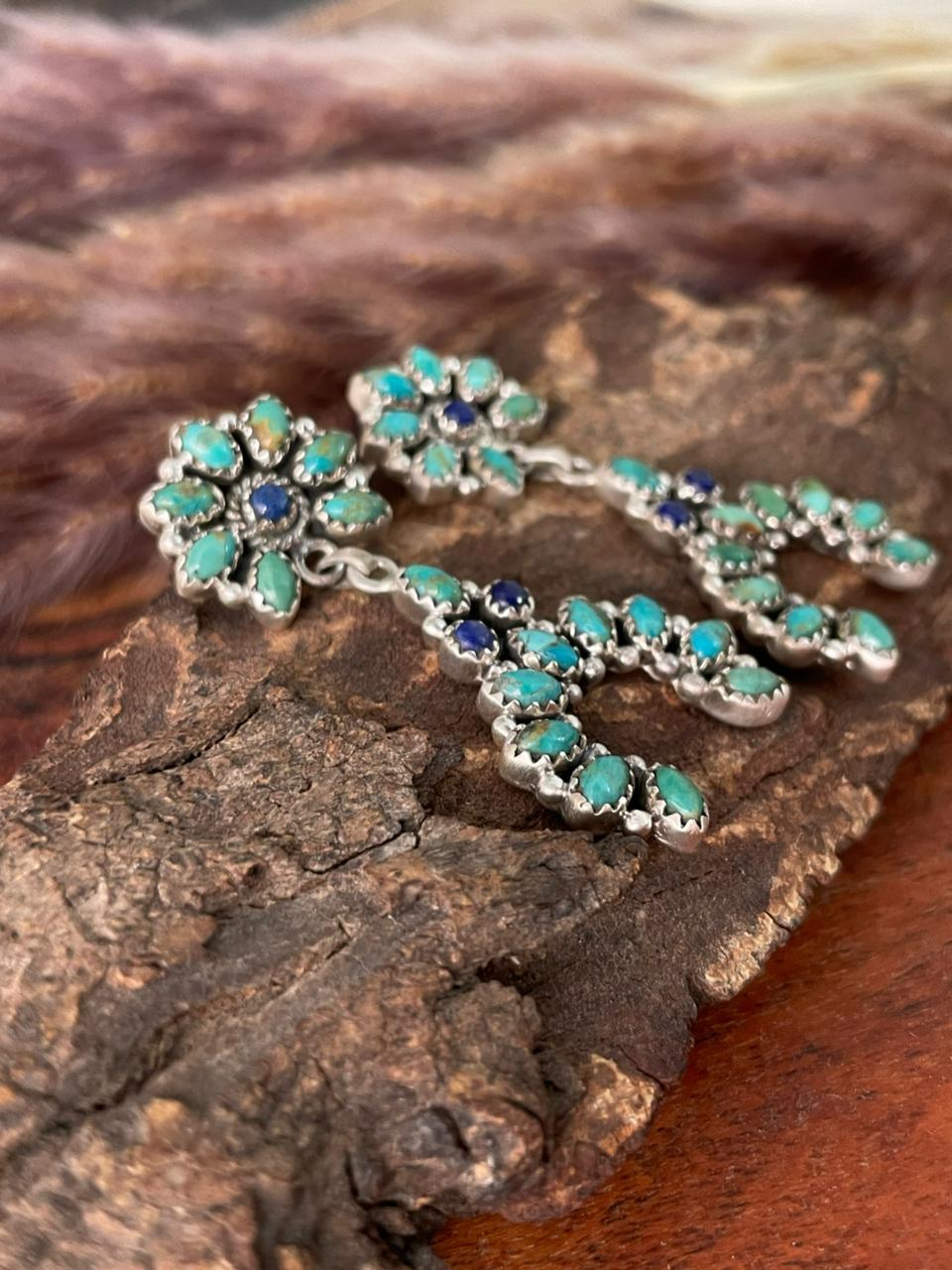 Handmade Sterling Silver Kingman Turquoise with Lapis Post Dangle Earrings "Signed Nizhoni"