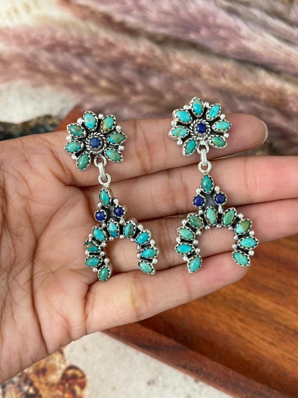 Handmade Sterling Silver Kingman Turquoise with Lapis Post Dangle Earrings "Signed Nizhoni"